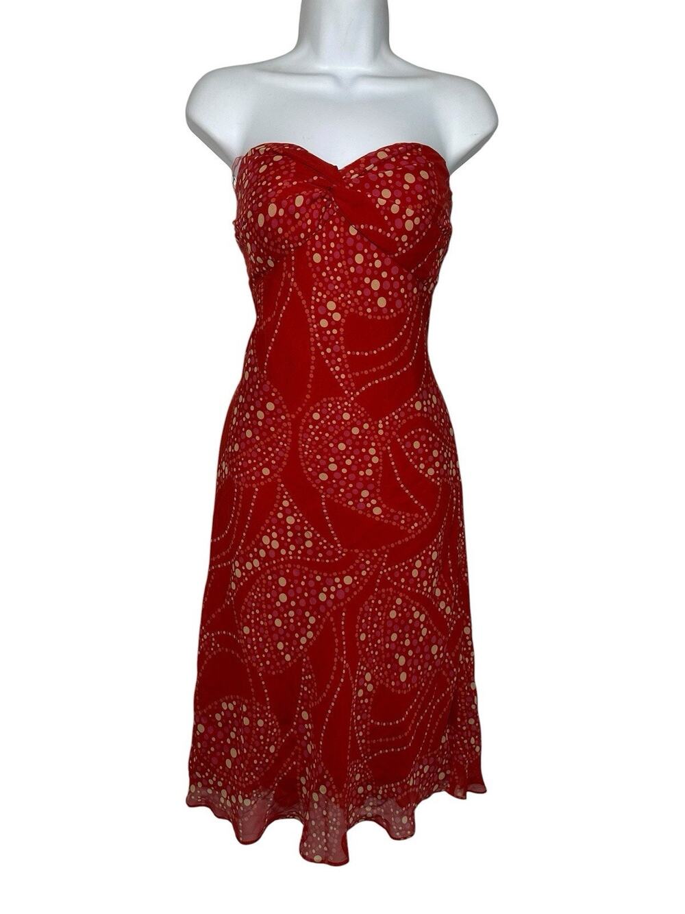 Vtg Y2K Silk Strapless Midi Dress Red Pink Polka Dot Coquette Fairy Resort 8